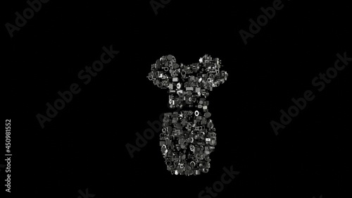 3d rendering mechanical parts in shape of symbol of dress isolated on black background