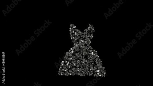 3d rendering mechanical parts in shape of symbol of dress isolated on black background