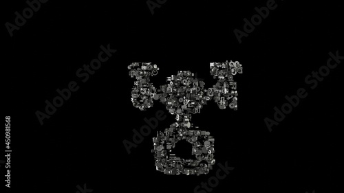 3d rendering mechanical parts in shape of symbol of drone isolated on black background