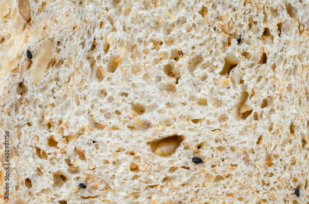 Closed up whole wheat bread texture background. For healthy or carbohydrate food concept