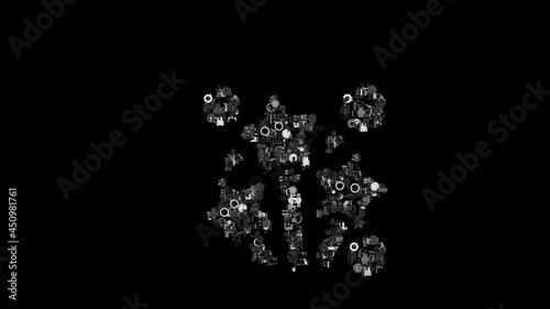 3d rendering mechanical parts in shape of symbol of fireworks isolated on black background
