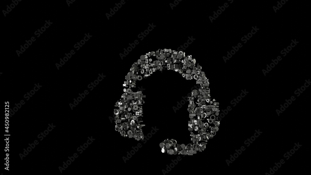 3d rendering mechanical parts in shape of symbol of headset isolated on black background 3d rendering mechanical parts in shape of symbol of headset isolated on black background