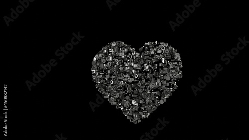 3d rendering mechanical parts in shape of symbol of heart isolated on black background