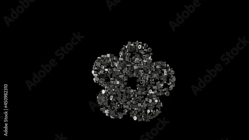 3d rendering mechanical parts in shape of symbol of cherry blossom isolated on black background