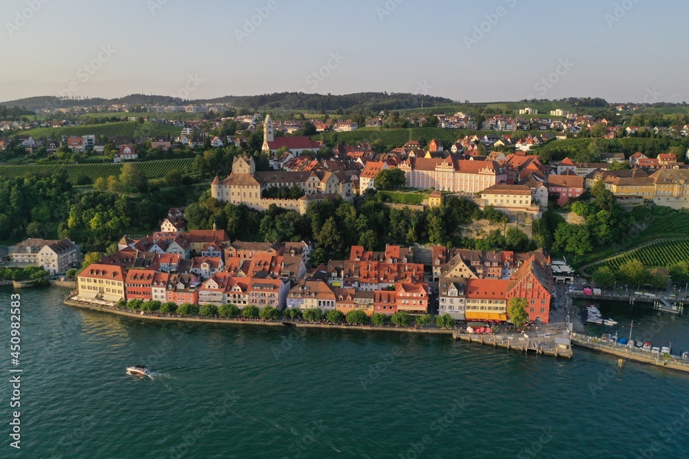 Aerial drone shot of Meersburg and the famous Meersburg Castle at Lake Constance, Germany