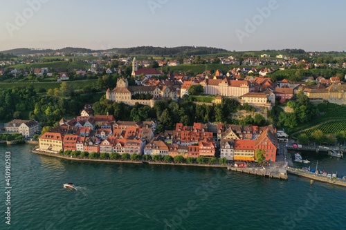 Aerial drone shot of Meersburg and the famous Meersburg Castle at Lake Constance, Germany