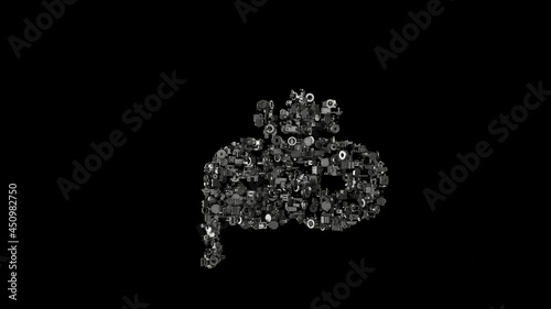 3d rendering mechanical parts in shape of symbol of masquerade mask isolated on black background