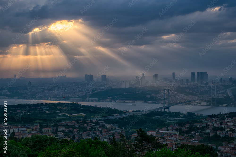 Cityscape of Istanbul with Bosphorus, skyscrapers, and 15th July Martyrs Bridge Bosphorus Bridge from Camlica hill at sunset Istanbul, Turkey