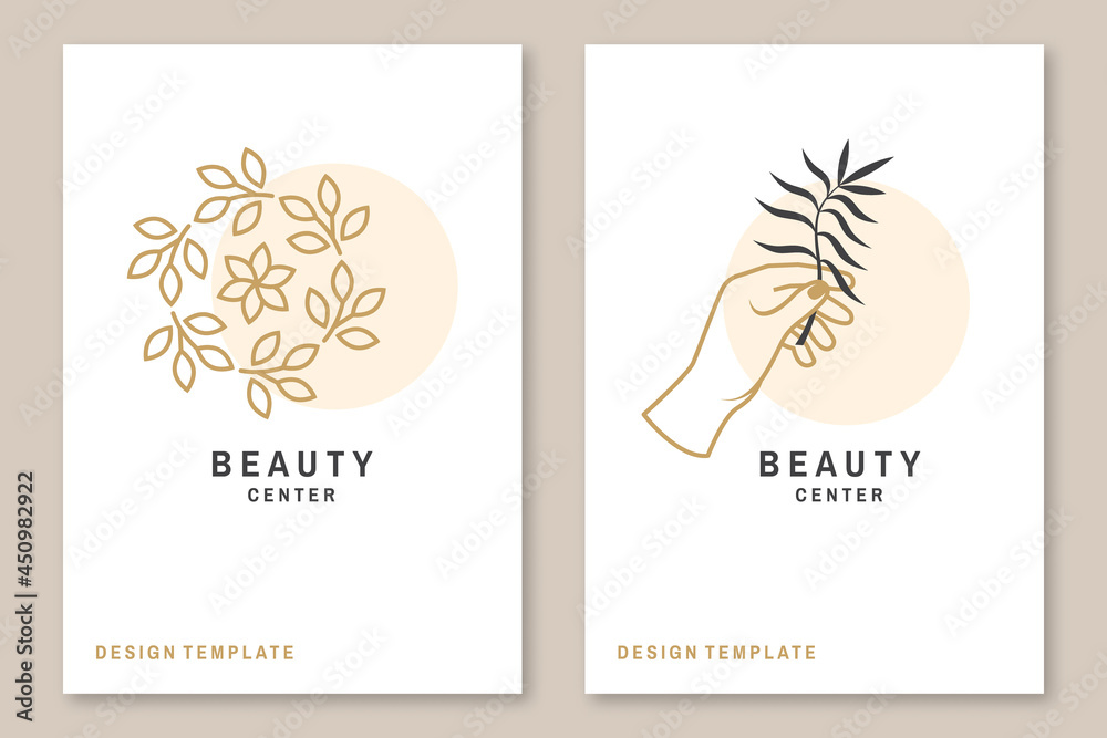 Hand with leaf logo, label, badge, sign, emblem, beauty center. Set for cosmetics, jewellery, beauty and handmade products, tattoo studios. Linear trendy style. Vector illustration. Thin line icon