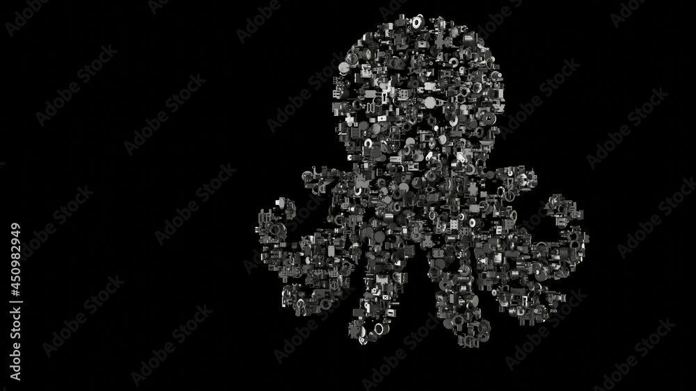 3d rendering mechanical parts in shape of symbol of octopus isolated on black background