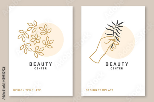 Hand with leaf logo, label, badge, sign, emblem, beauty center. Set for cosmetics, jewellery, beauty and handmade products, tattoo studios. Linear trendy style. Vector illustration. Thin line icon