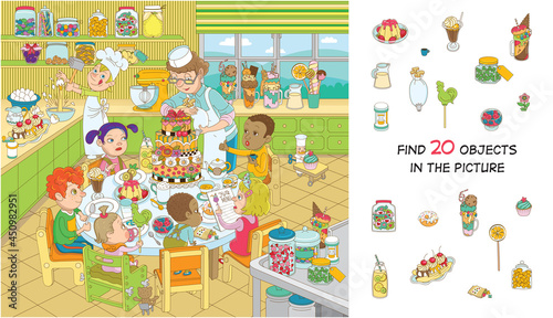 Find 20 objects in the picture. Hidden objects puzzle. Children of different nationalities are celebrating their birthday. Funny cartoon character.