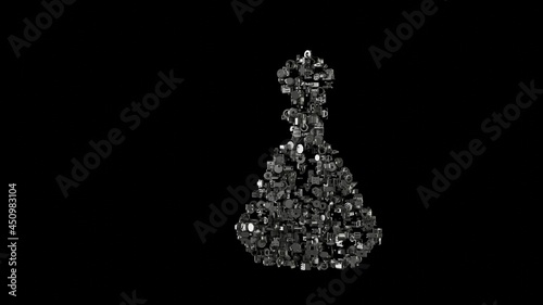 3d rendering mechanical parts in shape of symbol of perfume bottle glass isolated on black background