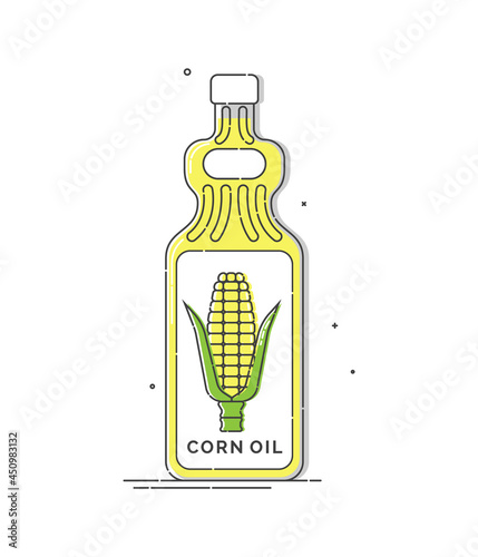 Corn oil bottle. Plastic container with a label in form of corn on cob. Great colorfull design for any purposes. Healthy organic vegan food. Isolated white background. Vegetarian food