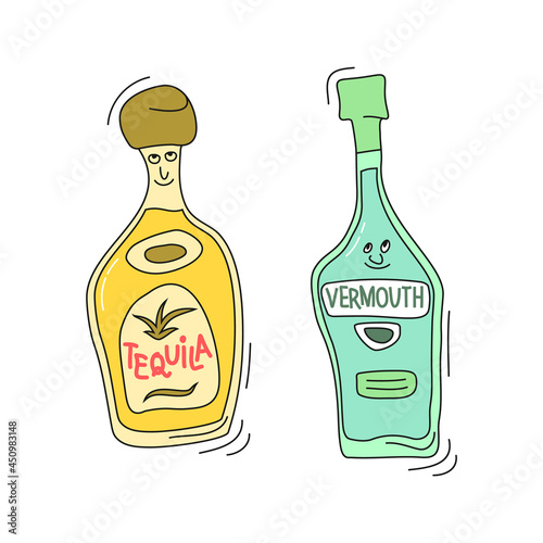 tequila and vermouth with smile on white background. Cartoon sketch graphic design. Doodle style with black contour line. Cute hand drawn bottle. Party drinks concept. Freehand drawing style