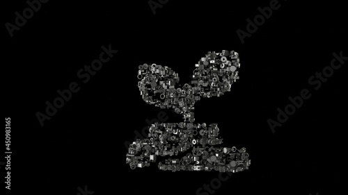 3d rendering mechanical parts in shape of symbol of plant in soil isolated on black background