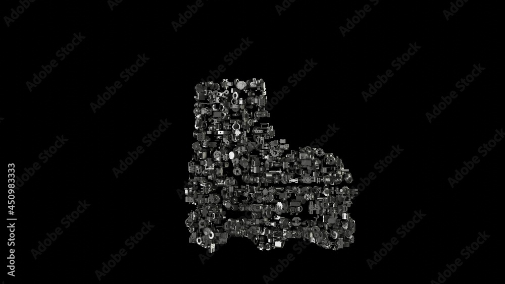 3d rendering mechanical parts in shape of symbol of roller skate shoe isolated on black background 3d rendering mechanical parts in shape of symbol of roller skate shoe isolated on black background