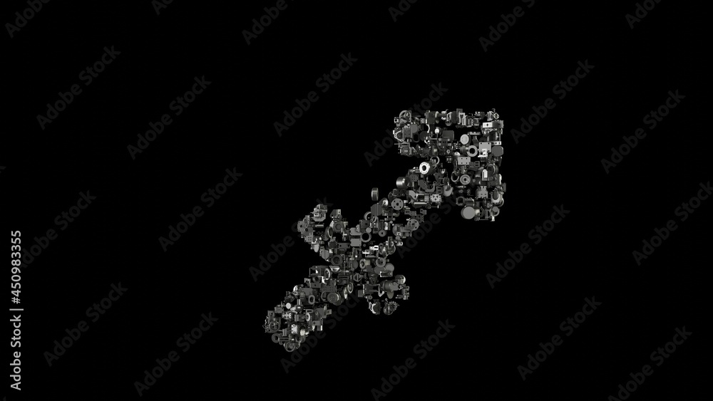 3d rendering mechanical parts in shape of symbol of Sagittarius zodiac isolated on black background 3d rendering mechanical parts in shape of symbol of Sagittarius zodiac isolated on black background