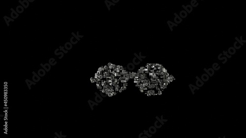 3d rendering mechanical parts in shape of symbol of round glasses isolated on black background photo