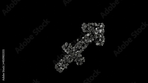 3d rendering mechanical parts in shape of symbol of Sagittarius zodiac isolated on black background