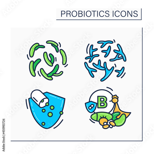 Probiotics color icons set. Bifidobacterium, lactobacillus, pills, vitamin B source. Medicine and healthcare concept. Isolated vector illustrations