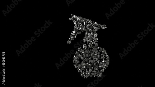 3d rendering mechanical parts in shape of symbol of spray bottle isolated on black background