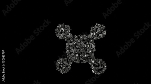 3d rendering mechanical parts in shape of symbol of sulfate isolated on black background