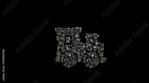 3d rendering mechanical parts in shape of symbol of toy train isolated on black background