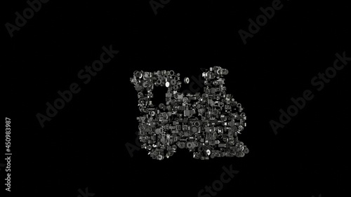 3d rendering mechanical parts in shape of symbol of train isolated on black background