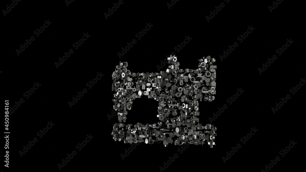 3d rendering mechanical parts in shape of symbol of vintage sewing machine isolated on black background 3d rendering mechanical parts in shape of symbol of vintage sewing machine isolated on black background