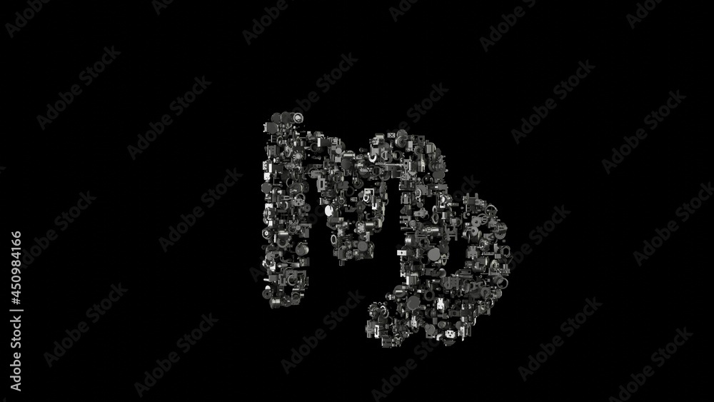 3d rendering mechanical parts in shape of symbol of Virgo zodiac isolated on black background