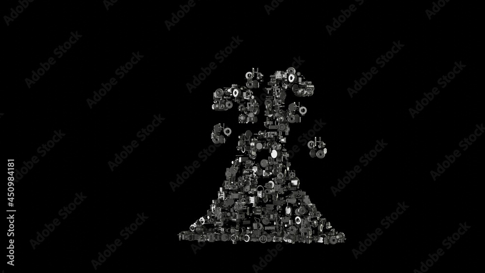 3d rendering mechanical parts in shape of symbol of volcano isolated on black background