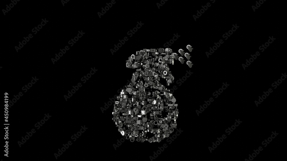 3d rendering mechanical parts in shape of symbol of water spray isolated on black background 3d rendering mechanical parts in shape of symbol of water spray isolated on black background