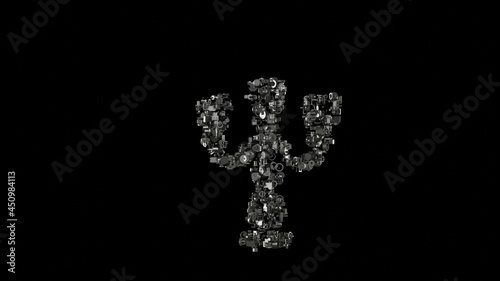 3d rendering mechanical parts in shape of symbol of vintage candelabra isolated on black background