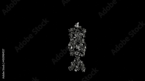 3d rendering mechanical parts in shape of symbol of vintage mannequin isolated on black background