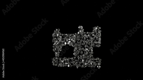 3d rendering mechanical parts in shape of symbol of vintage sewing machine isolated on black background