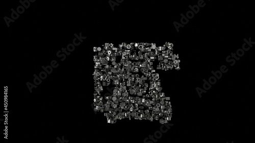 3d rendering mechanical parts in shape of symbol of vintage telephone isolated on black background