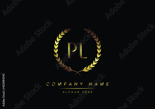 Alphabet letters PL monogram logo, gold color, luxury style