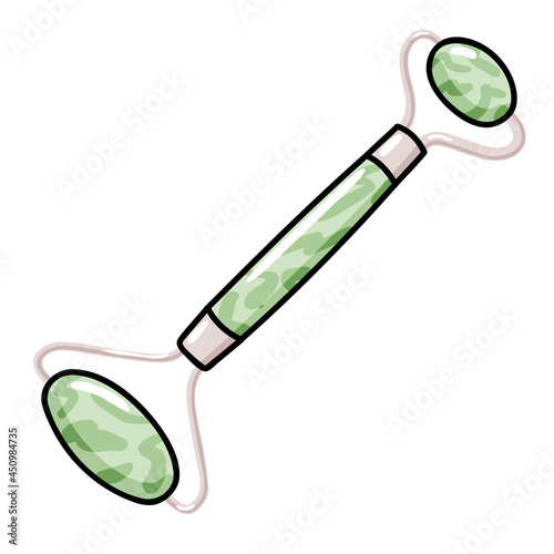 Jade massage green quartz roller icon illustration, facial gua sha stone massager, Acupuncture tool for face lifting and anti-aging, realistic doodle vector clipart isolated on white background