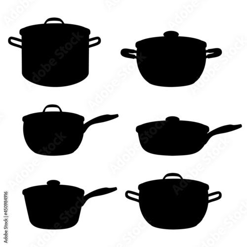 Pans, pots and saucepans isolated on white background. Vector