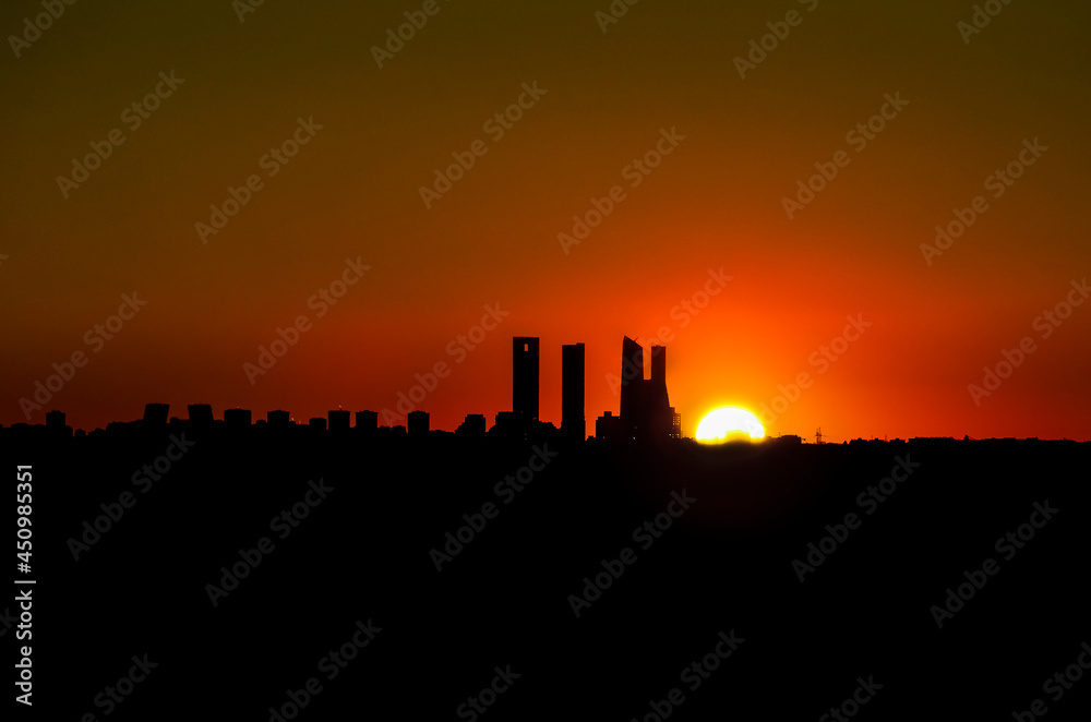 sunset over the four towers of Madrid