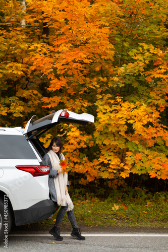 Handsome brunette girl in grey coat, black boots and beige scarf sitting in car trunk. In hand she hold multicolored maple leaves. Picturesque autumn season. Travelling by car. Beauty in nature. 