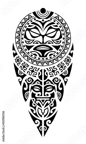 Canvastavla Tattoo sketch maori style for leg or shoulder with turtle, sun symbols face and swastika