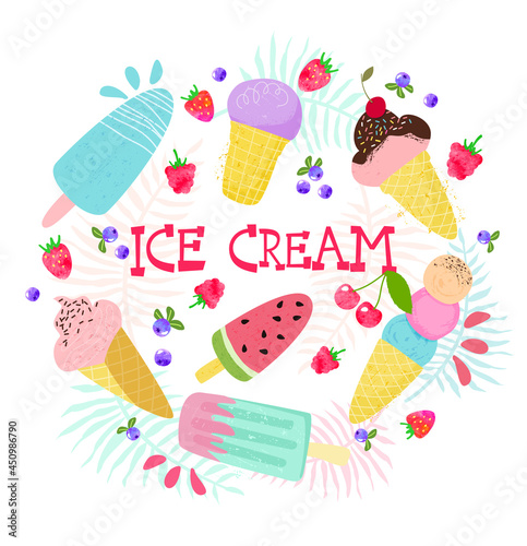 Ice cream set with hand drawn text and palm leaves