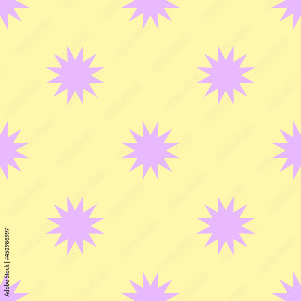 Seamless abstract geometric pattern with violet flowers on yellow background . Bright ornament for fabric, textile, cover, background. Vector graphics Seamless abstract geometric pattern with violet flowers on yellow background . Bright ornament for fabric, textile, cover, background. Vector graphics