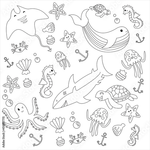 Vector illustration of Sea Animals Collection - Coloring book