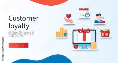 Customer loyalty banner. Calendar, feedback, coins, shop basket, gift box icons. Marketing program concept. Web vector illustration in 3D style