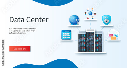 Data center banner. Web hosting concept. Datacenter, domain, cloud storage, data security, provider icons. Web vector landing page template in 3D style