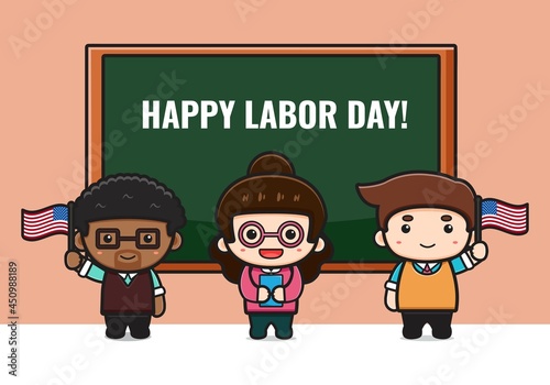 Cute teacher celebrate labor day cartoon illustration