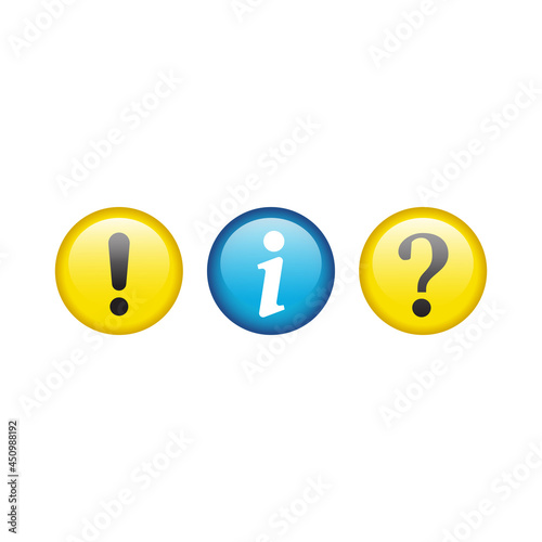 Info and help with exclamation mark button set. Question and information circle glossy icon set.